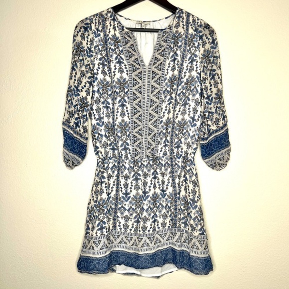 Joie Blue Ariella Floral Print Silk V Neck‎ Smocked Waist Mini Dress XXS
